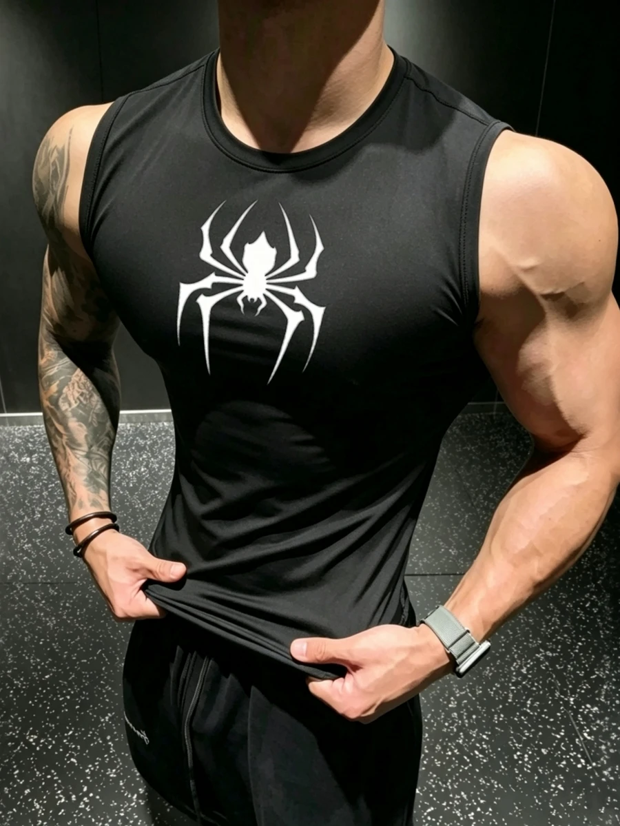 GymBeat 男士蜘蛛圖案休閒日常運動背心健身上衣 - 黑色 - 查看 1