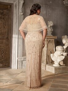 Aureia Plus Size Elegant Luxury Beaded Sequin Embroidered Tassel Shawl Dress For Wedding, Ball, Evening Party - Khaki - View 3