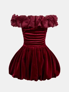 SHEIN 青少年女孩紅色露肩洋裝，優雅適合正式場合與休閒日常穿著，百搭款 - 紅色 - 查看 2