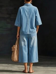 LUMIGAL Women's V-Neck 3/4 Sleeve Top And Wide Leg Pants Casual Denim Set - Blue - View 2