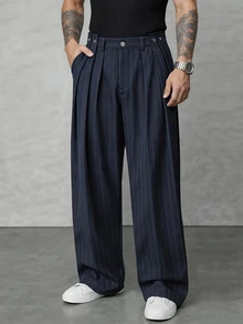 Manfinity Homme Men's Navy Blue Striped Long Pants, Loose Casual Versatile Design With Double Pleats, Wide Leg Trousers - Navy Blue - View 3