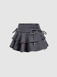SHEIN MOD 女款街頭風荷葉邊下擺綁帶腰牛仔迷你裙 - 灰色 - 查看 5