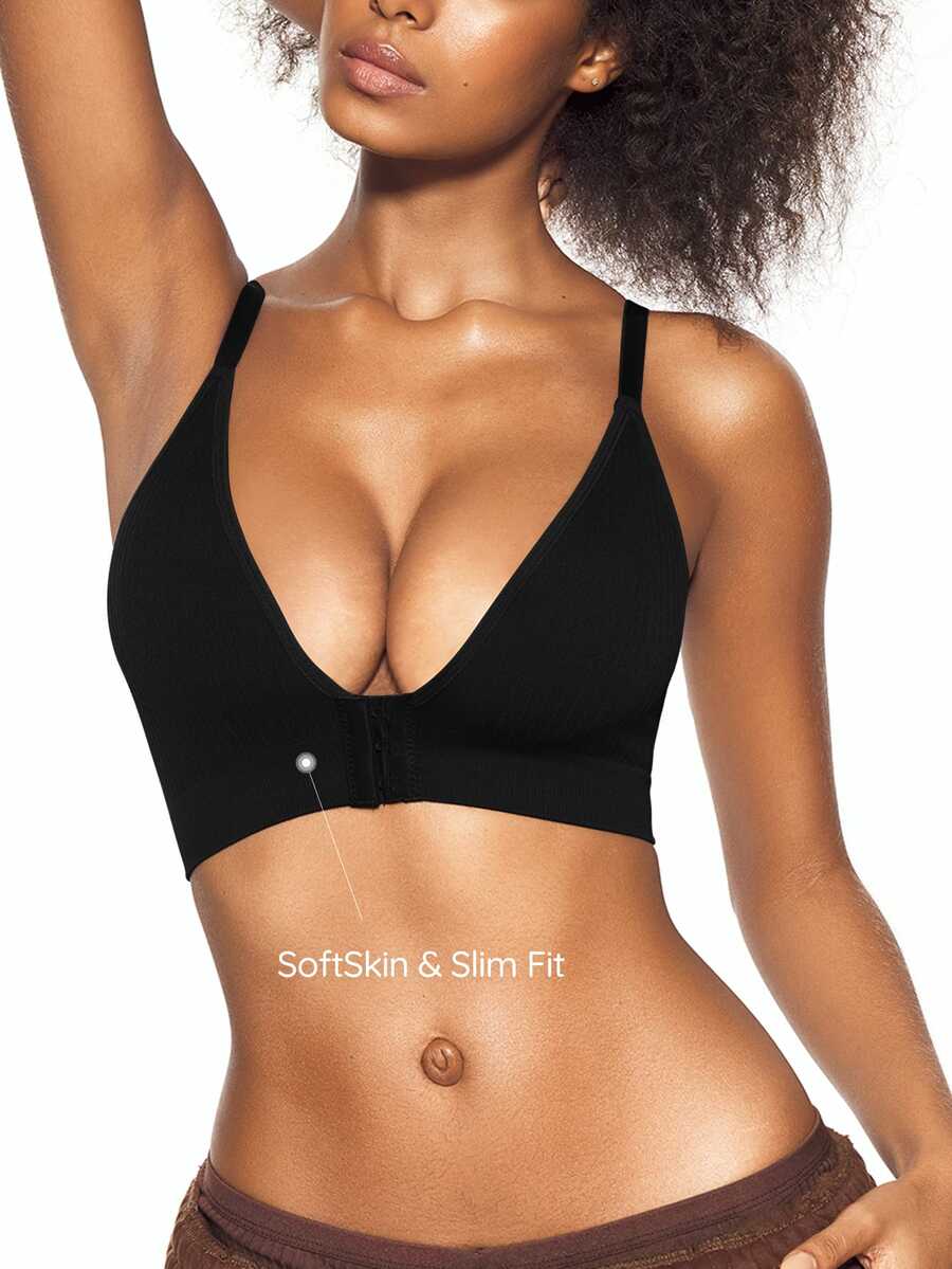 SHAPORA 1pc Women's Solid Color Front Button Bra - Black - View 1