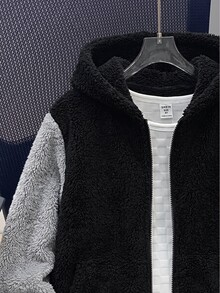 SHEIN 兒童青少年男孩開學休閒連帽對比色保暖內裡厚實梭織黑色秋冬外套，適合學校、花園、生日 - 彩色 - 查看 6