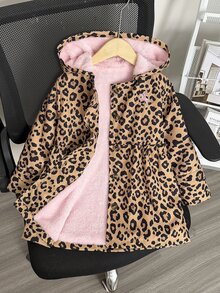 SHEIN 女童棕色豹紋連帽冬季外套，中長版保暖內裡夾克，粉色兔耳刺繡馬尾抽褶加厚外套 - 棕色 - 查看 3