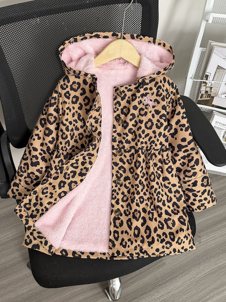 SHEIN Girls' Brown Leopard Print Hooded Winter Coat, Mid-Length Thermal Lined Jacket, Pink Rabbit Ear Embroidery Pony Ruched Thickened Coat - Brown - View 1