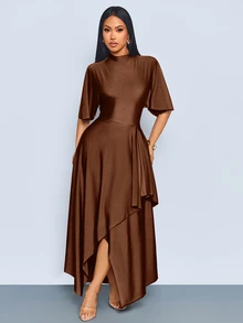 SOLERSUN Women's Summer Autumn Fashion Elegant Sage Green Draped Neck Long Dress With Ruffle Short Sleeves, Cinched Waist And Asymmetrical Ruffle Hem, Suitable For Daily Wear, Dating And Party - Coffee Brown - View 5