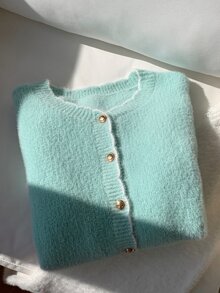 Comfortcana 女款長袖單排扣休閒針織開襟衫 - 綠色 - 查看 4