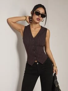 SHEIN PETITE Women's Petite Brown Striped V-Neck Sleeveless Lightweight Blazer - Brown - View 4