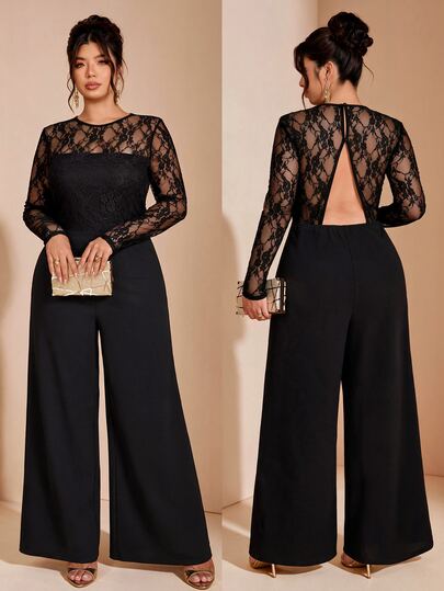 Cravure Mono de pierna ancha con cintura alta, espalda descubierta y drapeado, de encaje transparente negro, manga larga, elegante, ajustado, para mujer talla grande, otoño/invierno, para fiesta y oficina