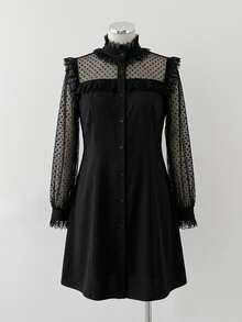 Sunspun Plus Size Women's Dark Style Polka Dot Mesh Patchwork Dress Fall - Black - View 3