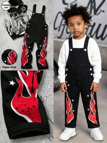 SHEIN Boys' Denim Overalls Long Pants, All Season, Soft Cotton, Classic Overalls Style, Flame Print Hem, Loose Fit Black Washed Denim Jumpsuit, Winter - Black - View 4