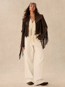 Easelle Chaqueta estructurada holgada para mujer con remaches y flecos, estilo bohemio nómada vintage - Marrón - Ver 3