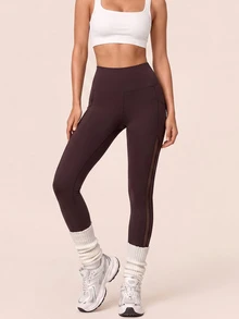 SHEIN BAE Women Dark Brown Stripe Pocket Mesh High Waist Leggings Tummy Control Gym Workout Training Running Yoga Athletic Pants - Coffee Brown - View 4