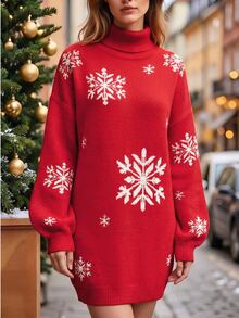 SHEIN Autumn/Winter New High Neck Dropped Shoulder Long Sleeve Ribbed Cuff Contrast Color Snowflake Pattern Jacquard Long Length Fashion Casual Holiday Vacation Long Sweater For Women - Multicolor - View 1