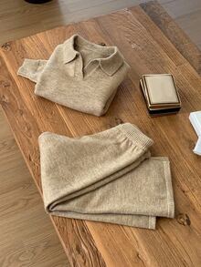 Dazy Kids Tween Girl) Casual Long Sleeve Sweater Top With Turn-Down Collar + Wide Leg Pants 2 Pieces Set - Apricot - View 1
