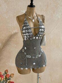 Soleia Plus Size Women's Grey Autumn/Winter Sequin Halter Neck Knit Dress - Grey - View 4