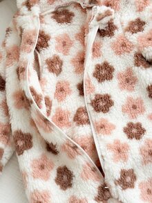 SHEIN LMoss Kids 新生女嬰可愛秋冬款毛茸茸花卉圖案長袖連帽連身衣 - 米色 - 查看 6