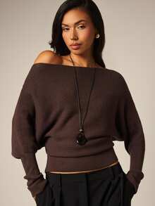 COSMINA Women's Casual Elegant Knit Cold Shoulder Sweater Brunch Dinner Dark Brown Fall - Brown - View 7