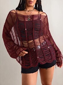 Freevana Plus Size Slash Neck Distressed Fr Halloween Going Out Club Dark Purple Autumn Sexy Business Casual - Burgundy - View 3
