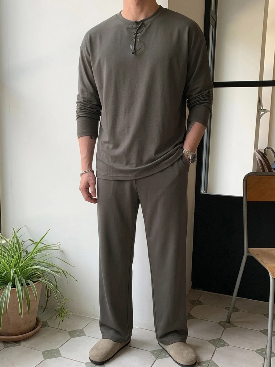 DAZY Spring/Autumn Long Sleeve T-Shirt And Elastic Waist Long Pants 2 Pieces Set, Grey Knit Fabric, Korean Style For Men - Dark Grey - View 1