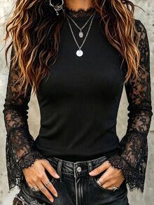 Balvessa Women's Fitted Lace Patchwork Long Sleeve Base Layer T-Shirt, Autumn/Winter - Black - View 6