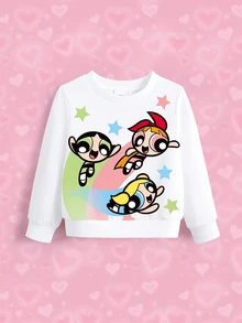 THE POWERPUFF GIRLS X SHEIN 女嬰卡通圖案圓領休閒日常長袖衛衣 - 白色 - 查看 6