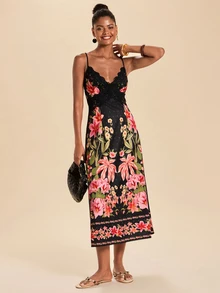 Travachic Women's Floral Print Lace Patchwork Spaghetti Strap Vacation Dress - Multicolor - View 3