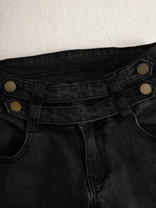 Elamini Low Waist Fashion Gothic Style Button-Front Washed Slim Fit Denim Flare Jeans - Black - View 5