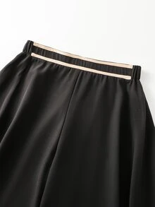 SHEIN LUNE 大尺碼女款優雅對比飾邊高腰裙式不對稱飄逸寬腿長褲 秋季 - 黑色 - 查看 5