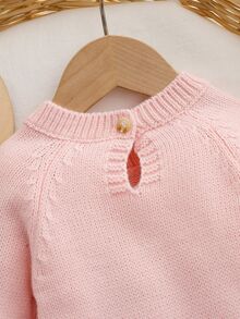 SHEIN 新生兒嬰兒針織連身衣，休閒時尚極簡可愛杏色刺繡圓領插肩袖連腳連身衣，柔軟舒適，適合日常穿著、旅行、度假、托兒所、秋冬上學穿搭、派對，百搭 - 淺粉色 - 查看 8