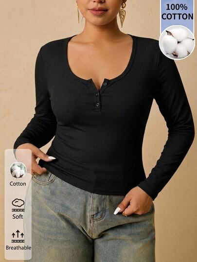 Freevana Plus Size Thick Long Sleeve Base Layer, Crew Neck T-Shirt, Suitable For Autumn/Winter