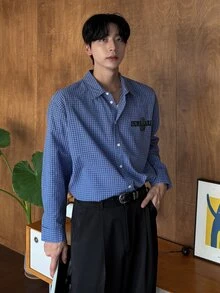 DAZY 男士長袖格紋布料聯名字母印花後背貼布襯衫 - 藍色 - 查看 3