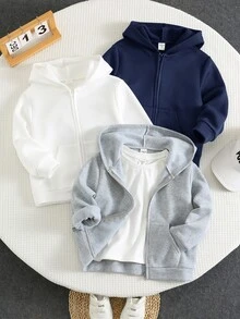 SHEIN 買2送1 男童休閒舒適時尚百搭衛衣3件套，適合返校季、生日、嬰兒洗禮、節日派對，秋冬兒童穿著 - 藏蓝色 - 查看 3