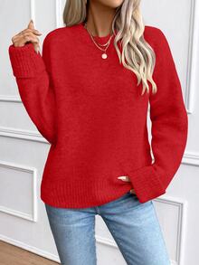 SHEIN 女款時尚紅色圓領捲袖羊毛混紡套頭毛衣，適合秋冬休閒購物、假日派對、約會 - 紅色 - 查看 8