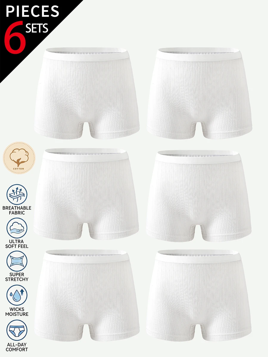 6pcs/Multi-Pack Women's Teen Minimalist Fashion Solid Color Traceable Cotton Square Hipster Panties - White - View 1