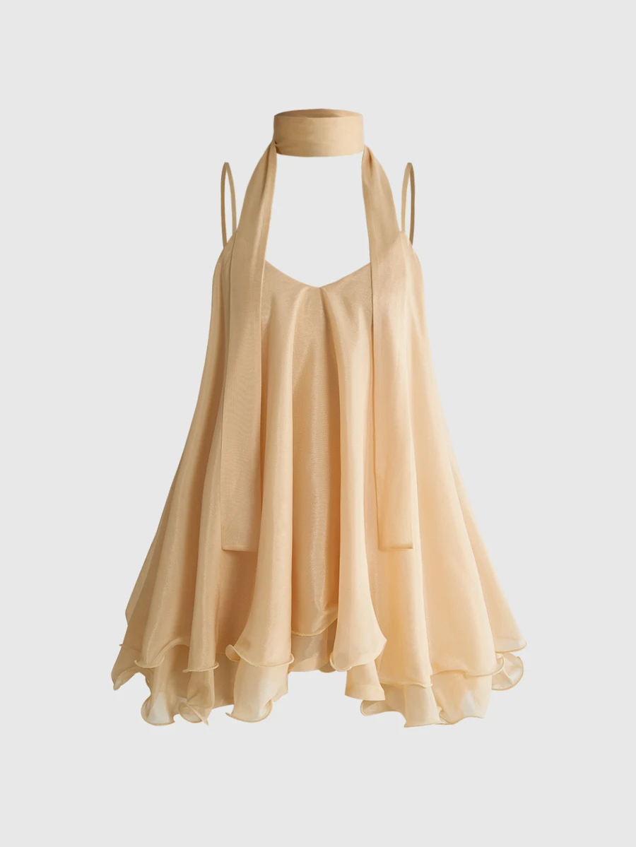 ROMWE Avant Sexy Romantic Chiffon Flowy Ribbon Ruffle Hem Cami Short Dress For Women - Apricot - View 1