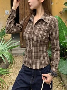 DAZY 純色領口修身短袖白色女式襯衫 - 棕色 - 查看 3