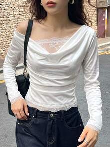 DAZY Solid Color Fitted Scoop Neck Long Sleeve Lace Trim Elegant Vacation Spring/Autumn Top Women T-Shirt - White - View 6