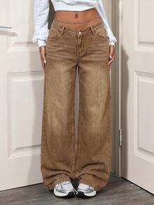 SHEIN Tall 女款低腰休閒 ICON 風格高腰修身直筒牛仔褲 - 棕色 - 查看 5