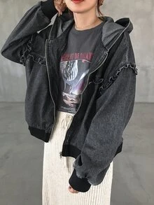 FRIFUL Women's Zipper Long Sleeve Denim Hooded Jacket - Black - View 3