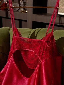 SilkySpell Plus Size Red Camisole & Shorts Set, Lace Patchwork Sexy Sleepwear - Red - View 5