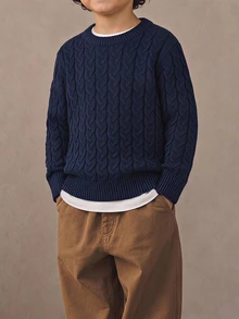 SHEIN 兒童小男孩秋冬毛衣，柔軟舒適學院風英倫風校服，適合返校季、職業日、聖誕節、萬聖節、生日 - 藍色 - 查看 1