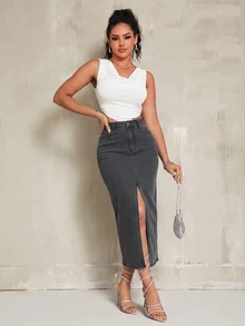 SHEIN SXY 女款休閒百搭牛仔裙，附口袋與開衩設計 - 灰色 - 查看 2