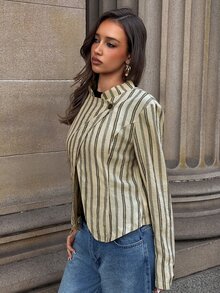 Aloruh Women's Autumn/Winter New Stand Collar Khaki Metal Button Striped Jacket Shirt,Going Out - Khaki - View 3