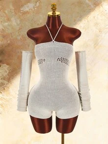 Amplova Women's Detachable Sleeve Fitted Jumpsuit With Open Back And Lace-Up Detail, Edgy Sexy Style, Suitable For Autumn/Winter Wear, Distressed - Grey - View 3