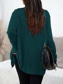 SHEIN LUNE 大尺碼女款純色黑色秋季針織開襟外套，附口袋，休閒度假穿搭 - 綠色 - 查看 2