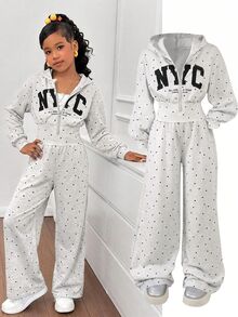 SHEIN Kids Tween Girl Fashion Minimalist Solid Color Hooded Zip-Up Printed Letter High Waist Autumn Winter - Grey - View 1