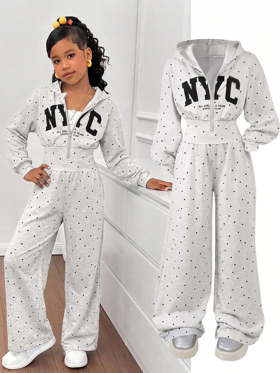 SHEIN Kids Tween Girl Fashion Minimalist Solid Color Hooded Zip-Up Printed Letter High Waist Autumn Winter - Grey - View 1