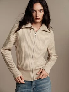 Anewsta Essential Cardigan de Tricô de Gola Alta Estilo Francês de Alta Qualidade para Mulheres - Caqui - Visão 8